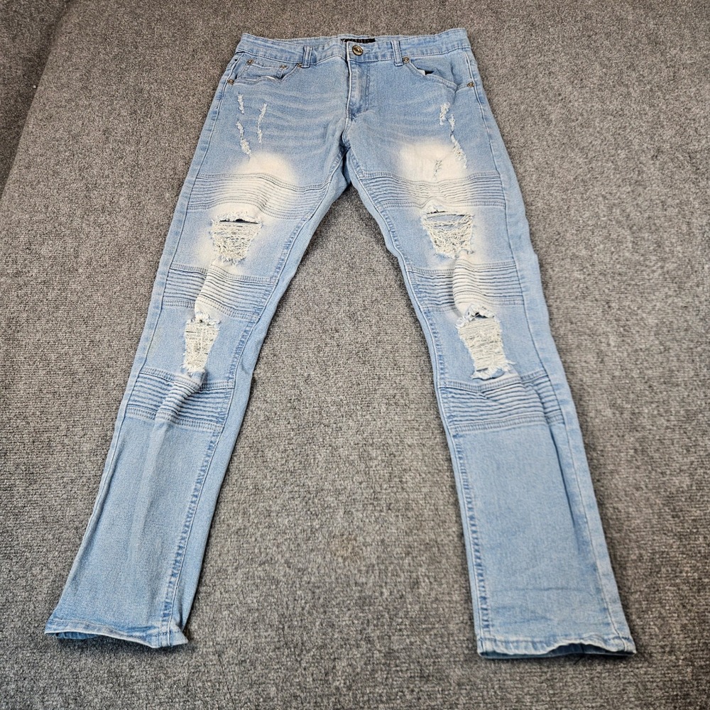 M. Society Politically Incorrect Mens Biker Jeans Light Wash Distressed 32x30